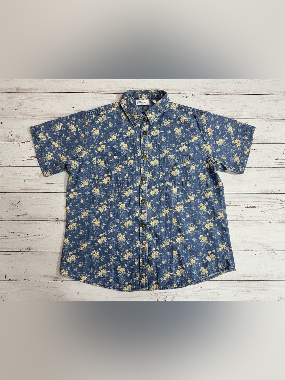 Classic Blues Large Floral Cotton Short‎ Sleeve Button Down Shirt